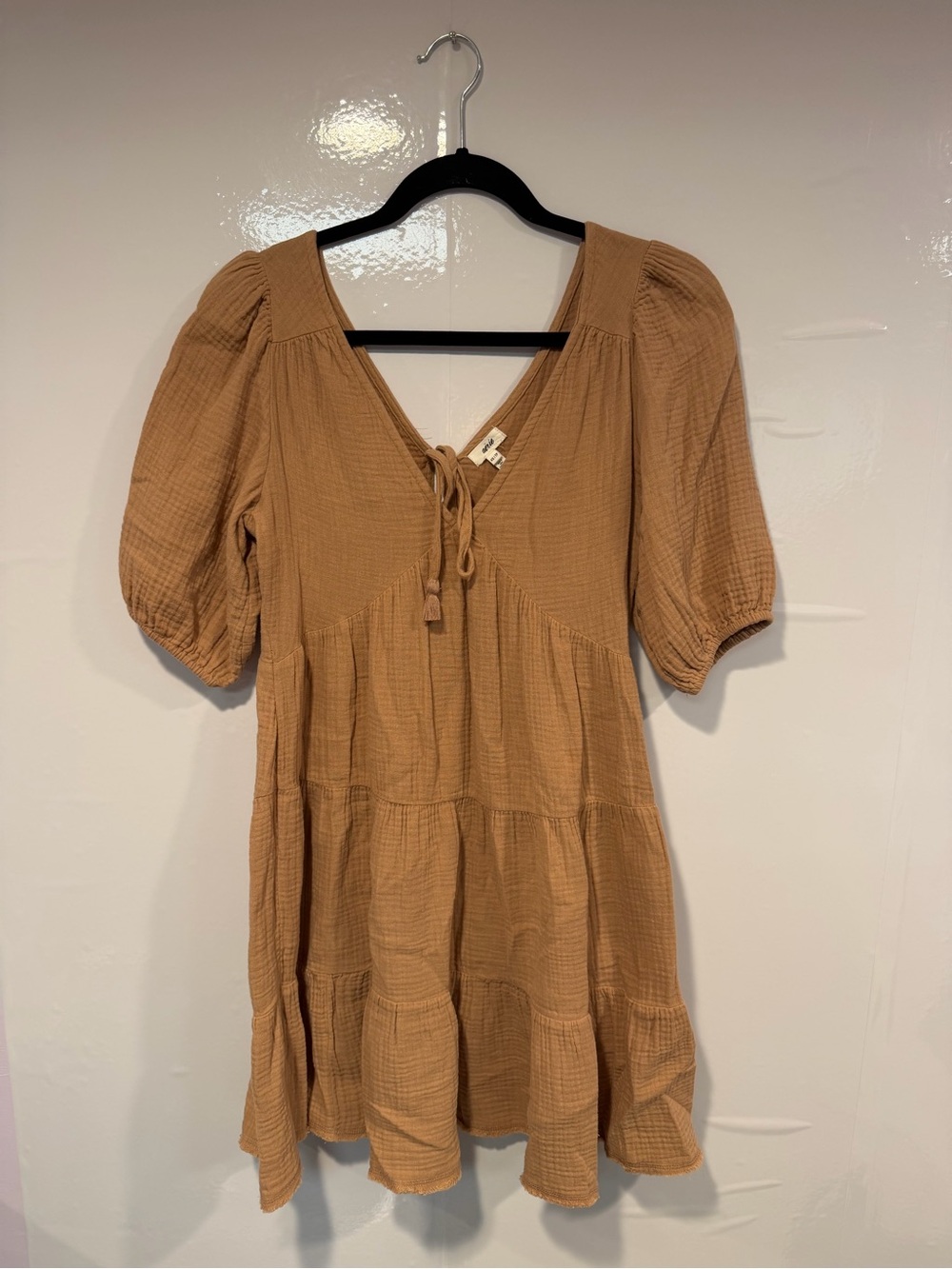 Aerie Cotton Textured Tie-Front Tiered Mini Dress in Camel